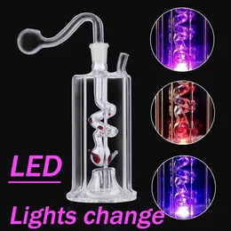 LED Nargile Seti Yağ Yakıcı Fıskiye Su Boruları Sigara İçme Borusu Dab Yağ Teçhizatı Cam Bong Işıkları Renk Değişimi Bongs 10mm Tütün Kase El Yapımı Taşınabilir Percolater Nargile