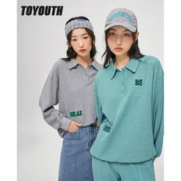 Toyouth Kadın Sweatshirts Sonbahar Uzun Kol Polo Boyun Gevşek Waffle Hoodies 3D Harfler Mavi Gündelik Sokak Giyim Pullove 220815