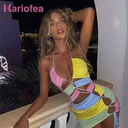 Karlofea Doppio Strato Patchwork Jersey Bodycon Mini Abito Femminile Celebrità Festival Abbigliamento da Festa Sexy Rave Niglub Abiti 220423