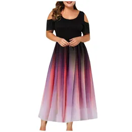 Sukienki w rozmiarze plus zimne ramię ombre okrągła szyja sukienka wieczorna gradient na ramię w ramiona marszczenia vestidos letnie ponadprzezroczyste sundressplus