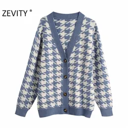 Zevity Women Fashion V Neck Houndstooth Kardigan Knitting Sweter Dam Long Rleeve Retro Swatery Chic Tops S409 201221