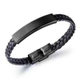 Black Braided Leather Chain Stainless Steel ID Bracelet for Men Simple Fashion Gifts Jewelry 8.26 inch