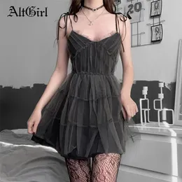 Altgirl Dark Gothic Elegant Dress Women EMO ALT VINTAGE MESH PATCHWORK LACE UP HIGH WAISTドレス