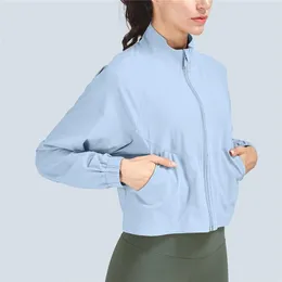 Roupas de ginástica feminino de zíper solto jaqueta esportiva casual casaco de ioga alta elástica elástica à prova de vento corredor de fitness Treinamento de fitness Bolso