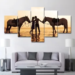 Modular Canvas HD Prints Posters Home Decor Wall Art Pictures 5 Pieces Couple holding horses by the beach Paintings No Frame