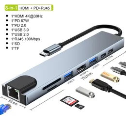 8 in 1 Docking Stations Hubs USB3.0 HUB HDTV Adapter Multifunction Type C 4K Video HD RJ45 USB-C Adapters Charging Port Hubs for MacBook Notebook Laptop Computer