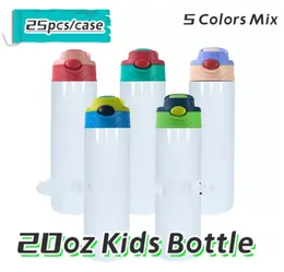 US Warehouse Sublimation Straight Kid Water Bottles Tumblers Blanks 20oz Sippy Cup Heat Transfer Coated Cartoon Double Wall rostfritt stål Children Cups Strå