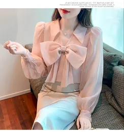 Urban Sexy Dresses New Fashion Women's Organza Bow Patched Cute Ve-Neck Puff Long Sleeve Blus Shirt SMLXLXXL