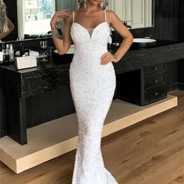 MASSORD Maxi Elbise Kadın Sequins v Boyun Partisi Moda Seksi Akşam Spagetti Strap Bodycon Uzun Elbiseler Kolsuz Beyaz 220510