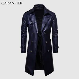 Caranfier Mens PU Кожаные куртки мужчины длинное пальто мужское покрытие британская двойная грудь в лацкане Chaquetas hombre 220816