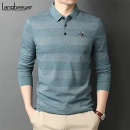 High end mode randig broderi casual vänd ned krage långärmad polo skjortor män toppar män kläder 220613