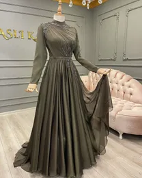 Dusty Green Dubaj Arabski Muzułmańska Sukienka Formalna Wysoka Neck A-Line Zroszony Szyfonowe Suknie Wieczorowe Dla Kobiet 2022 Abiye Gece Elbisesi