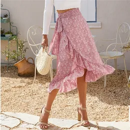 Ladies Vintage Floral Print Long Summer Skirt Women High Waist Knotted Tied Wrap Ruffle Chiffon A Line Split Woman Skirts Female 220701