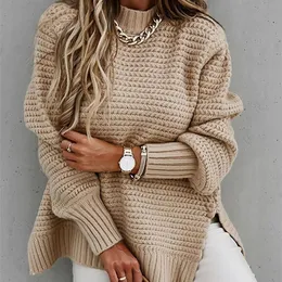 Autumn Winter Women Knitted Sweater Mock Neck Casual Loose Basic Pullovers Warm Elegant Solid Batwing Sleeve Side Split Tops 220812