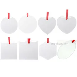 Sublimation Blanks Glas Weihnachtsanhänger 3inch/3,5 Zoll Einseiten -Hitze -Transfer -Ornamente Festival Decore mit rotem Band für DIY -Handwerk, personalisiertes Haus