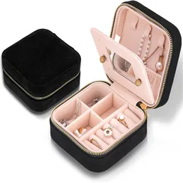 Velvet Travel Jewelry Box Packaging Display Organizer Zipper Jewellery Caixas de casamento de casamento com espelho para mulheres