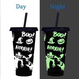 24oz glow in the dark cup color changing cup Plastic Halloween Tumbler with lid and straw Reusable cold drinks cup magic Coffee beer mugs