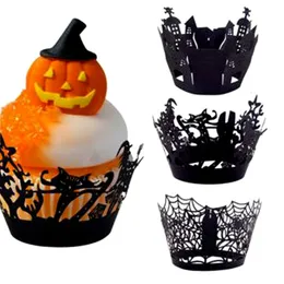 12 Stück Halloween-Laserausschnitt, hohle schwarze Tassen, Kuchen, Papierkante, festliche Partyzubehör, Dekoration, Katzenbaum, Burg, Fledermaus, Hexe, Spinnennetz, YS0067