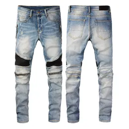 Jeans Uomo Slim Fit Patchwork in pelle 11 Pantaloni denim da motociclista di alta qualità Pantaloni hip-hop da uomo blu da moto per uomo Taglia 28-40