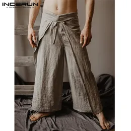 Calça masculina incerun thai pescador solto vintage cor sólida feminino de streetwear calças de perna larga s 5xl 220826
