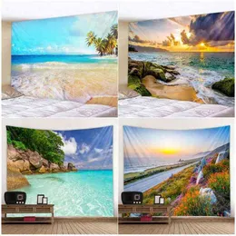 Island Beach Landscape Wall Carpet Palm Trees Sea Waves Dusk Ocean Flowers Nature Garden Hanging Home Decor Picnic Mat J220804