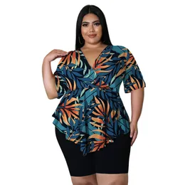 Mulheres plus size lowewear casacos de duas peças shorts e blusas impressão de arte de mangas curtas Camisa casual com padrões de poliéster Polyester grande para roupa de verão Rua L-4xl