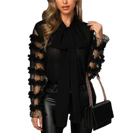 Kvinnor Elegant Fashion Black Patchwork Sheer Shirt Kvinnlig Top Casual Kort Sheer Mesh Long Sleeve Blus 210716
