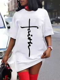 Plus Size Dresses Dropped Shoulder Faith Letter Print Dress Patchwork Straight Mini Positioning Printing Daily Streetwear Summer TeePlus