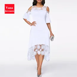 Vana Javeasen renda uma linha Casual Women Dress for Summer Patchwork Manga curta es feminino de pescoço Praia feminina 220521