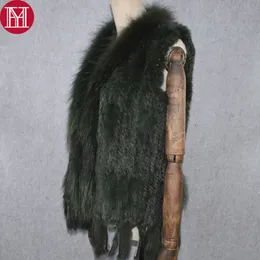 Party Luxury Women Real Rabbit Fur Gilet Real Genuine Rabbit Fur Vests Coat Knit Quality Tassels Real Raccoon Fur Waistcoat 201103