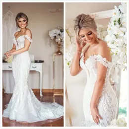 Gorgeous Mermaid Wedding Dresses Bridal Gown Off the Shoulder Sweep Train Straps Lace Applique Tulle Satin Pleats Custom Made Plus5758462