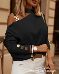 斜めの肩チェーン装飾プルオーバーTシャツ女性春秋のファッションカジュアルな長袖ブラックアプリコットブラウス220714