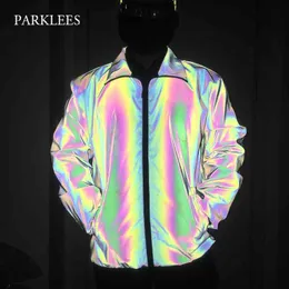 Parklees Mens Rainbow Reflective Zipper Jacket Hip Hop Night Sporting Coat Casual Fluorescent Streetwear Veste Homme 3xl