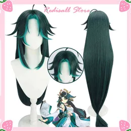120cm Genshin Impact Xiao Wig Cosplay Female Version Long Straight Dark Green Synthetic Wig Heat Resistant Hair for Adult Con Y220512