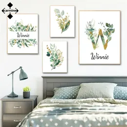 Custom Name Green Leaves Poster Nordic Wall Decor Canvas Painting Gold Green Plant Watercolor Decorative Picture Modern Wall Art 220623