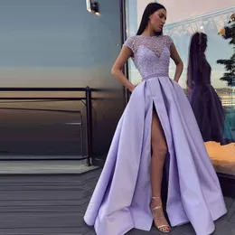 Purple A-line Prom Dresses Cape Sleeves V Neck Lace Hollow Appliques Sequins Satin Side Slit Floor Length Party Evening Gowns Plus Size Custom Made Tailored