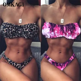 Omkagi bandeau mayo kadın seksi katı leopar mayo kadın mayo yüksek kesim bikini mayo elbise biquinis bikini 2020 lj200825