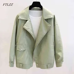 FTLZZ New Spring Faux Leather Pu Jacket Women Loose BF Coat Donna Turndown Collar Moto Biker Rivet Zipper Vintage Street Jacket L220728