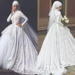 2022 Muslim Ballkleid Brautkleider Braut Perlen Stehkragen Spitze Applikation Lange Ärmel Rüschen Sweep Zug Nach Maß Plus Size Vestidos de Novia