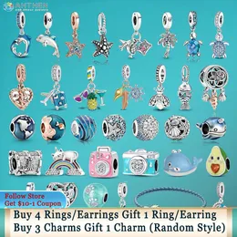 925 Gümüş Fit Pandora Charm 925 Bilezik Deniz Kaplumbağı Denizyalı Murano Cam Okyanus Takımları Set Kolye Diy İnce Boncuk Takı