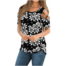 女性用TシャツレディースサマーTシャツファッション2022花の印刷ティーショートスリーブルーズカジュアルチュニックストラッピーコールドショルダートップ