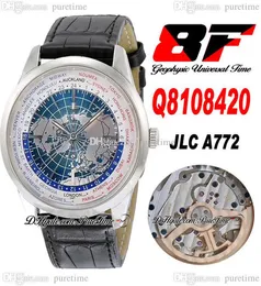 8F V2 Geophysic Universal Time Q8108420 JLC A772 Automatyczne męskie zegarek stalowa obudowa 3D Mapa światowa Stick Dial Black Leather Pasp