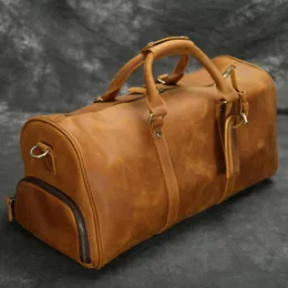 Duffel bolsas de grande capacidade Bolsa de viagem de couro genuíno para homens mulheres marrom marrom de couro casual grande bagagem de fim de semana Bagduffel