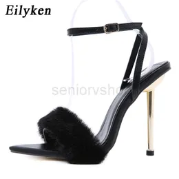 Eilyken 2021 New Pink White Women Sandali Sexy Open Toe Pelliccia pelosa Estate Sandali con tacco alto Ladies Wedding Stripper scarpe SAFWE3245325