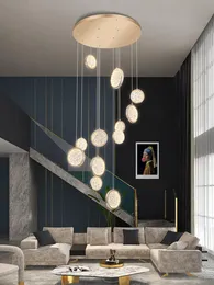 Pendellampor modern gyllene rund akryl led trappa ljuskrona kreativ design duplex byggnad loft villa spiral lång ljuskronorpendant