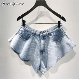 Runway Streetwear Kvinnor Denim Paraply Skirt Shorts Sommar Mode Sexig Hög Midja Ruffle Hem Pocket Jeans Y2K Kort Pant 220419