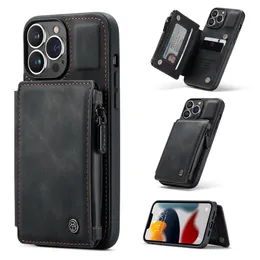 Caseme Flip Leather Case för iPhone 13 12 11 Pro XS Max XR X 7 8 Plus Samsung S10 S20 S21 Ultra S22 Zipper Wallet Cover Case