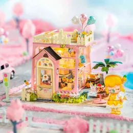 Robotime rolife diy casa de neve de natal de madeira festa de férias tempo miniatura casa de bonecas livraria casa de boneca com brinquedos musicais
