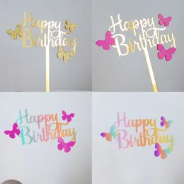 Cute Colorful Cake Topper Acrylic Happy Birthday DIY Cake Insert Reusable Butterfly Gradient Gold Cake Decoration Party Supplies MJ0619