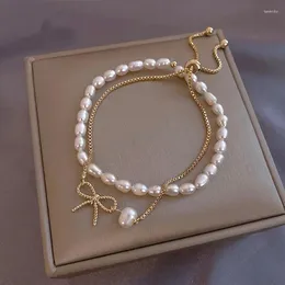 Strande z koralikami Elegancka naturalna perła łuk złota Suitu Odłączana bransoletka dla kobiety Koreańska biżuteria moda Lady Sweet Temperament Fawn22